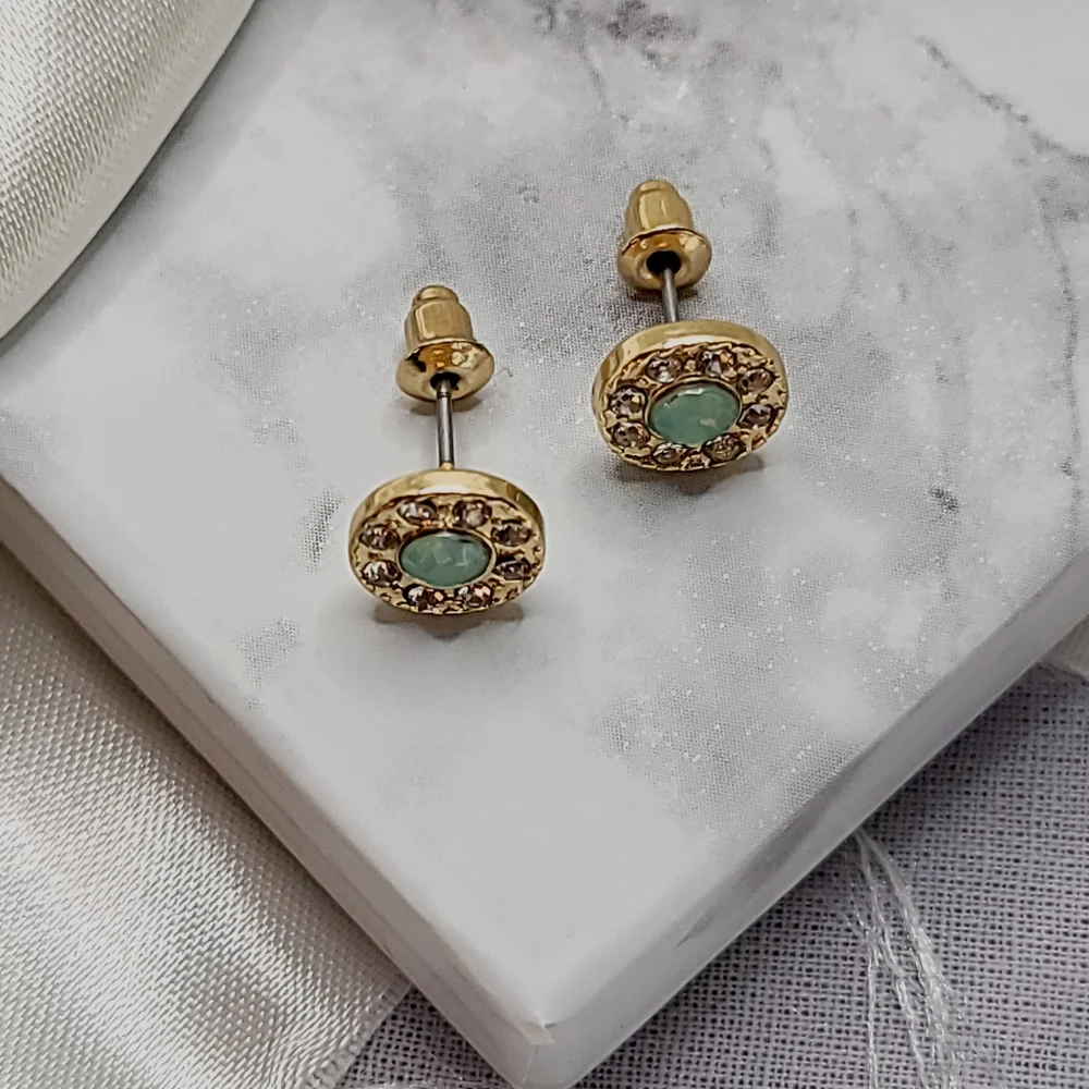 Gold Seafoam Diamond Halo Rhinestone Stud Button Earrings